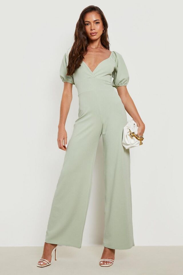 Sage vert Wide Leg Jumpsuit Met Pofmouwen image number 1