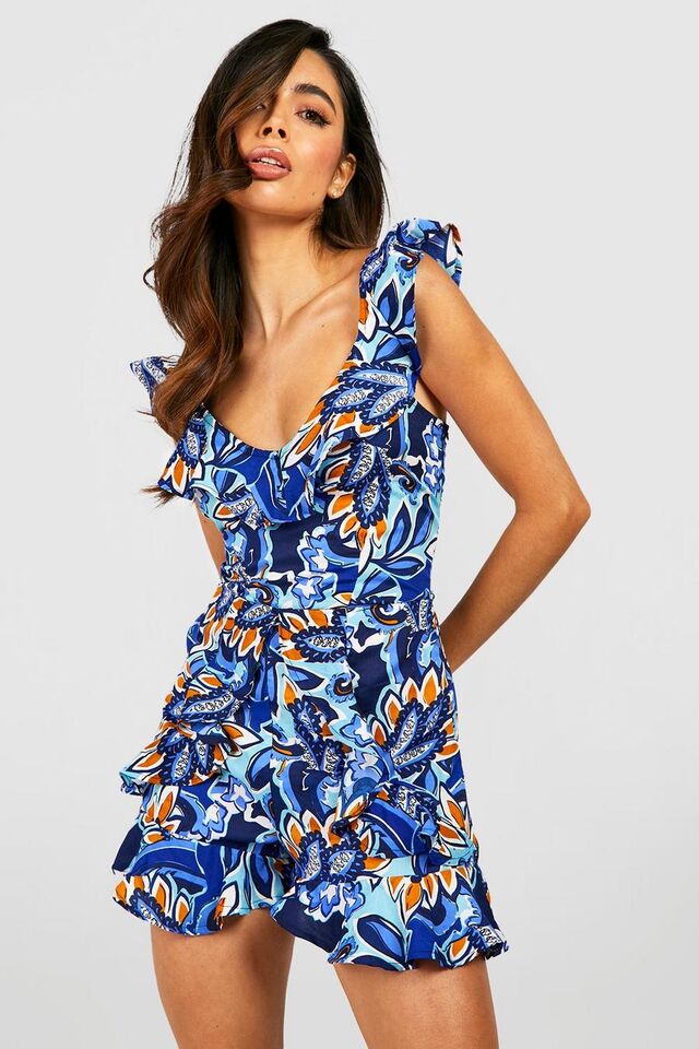 Blue bleu Floral Plunge Neck Ruffle Playsuit image number 1