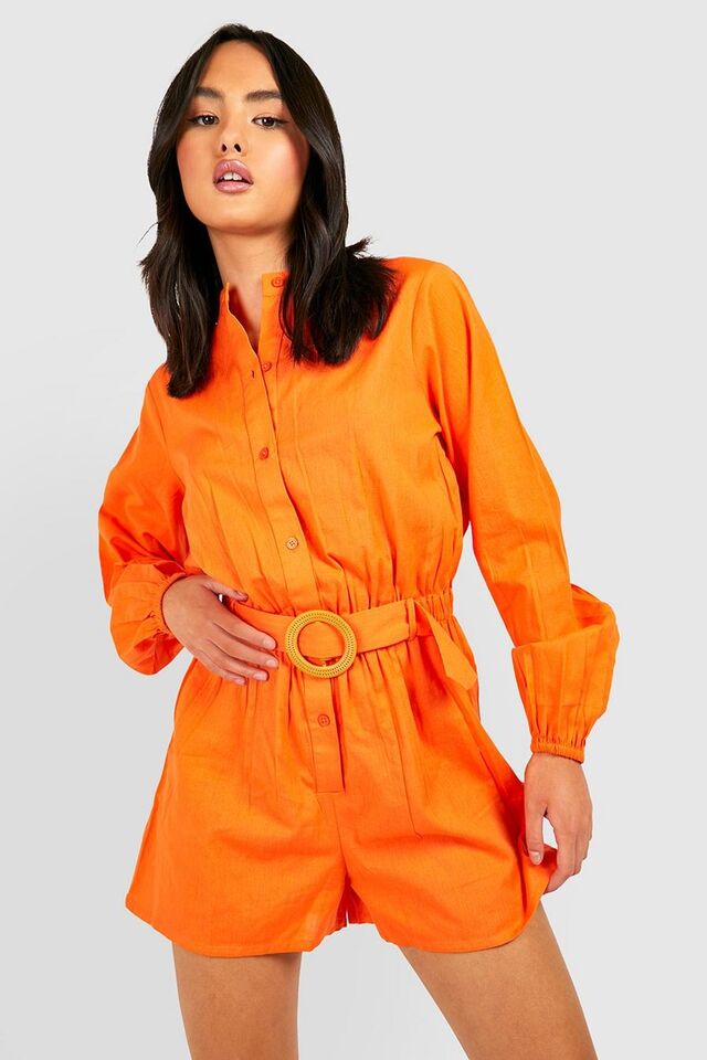 Orange Katoenen Utility Playsuit Met Ceintuur image number 1