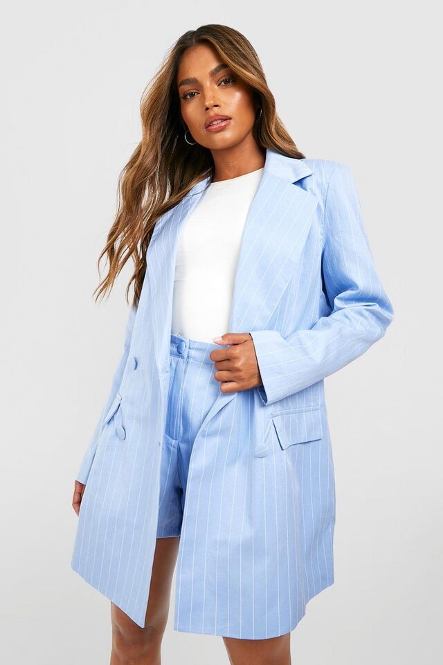 Powder blue Oversized Long Line Blazer Met Krijtstrepen image number 1