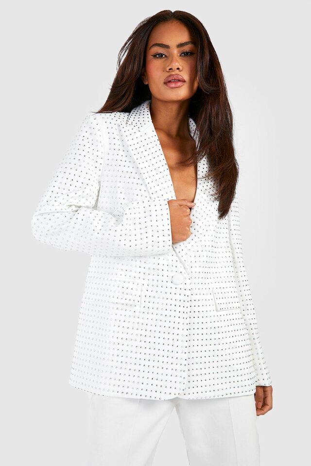 Ivory white Getailleerde Baggy Premium Blazer Met Steentjes image number 2