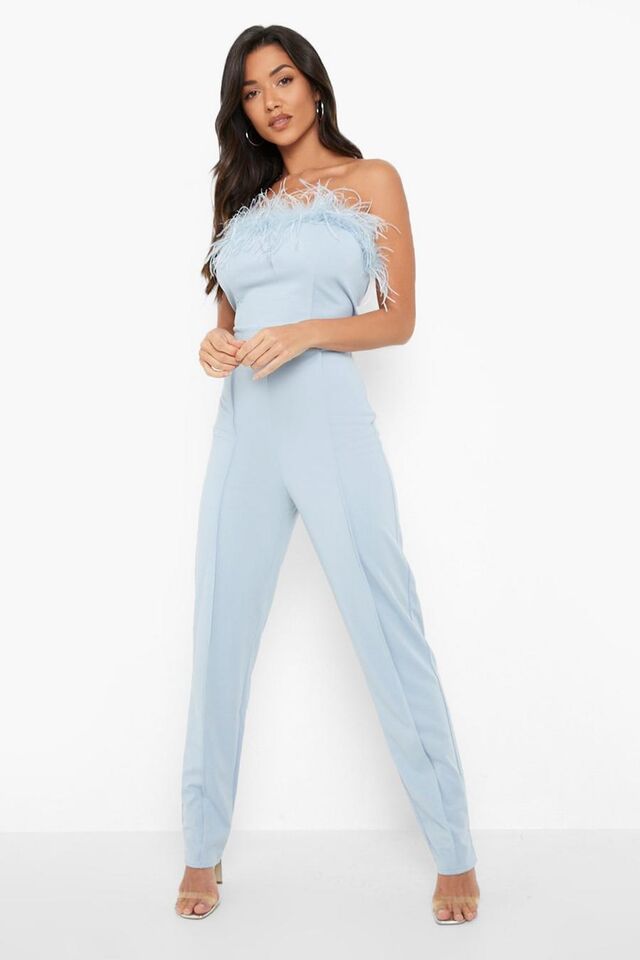 Light blue Strapless Getailleerde Veren Jumpsuit image number 1